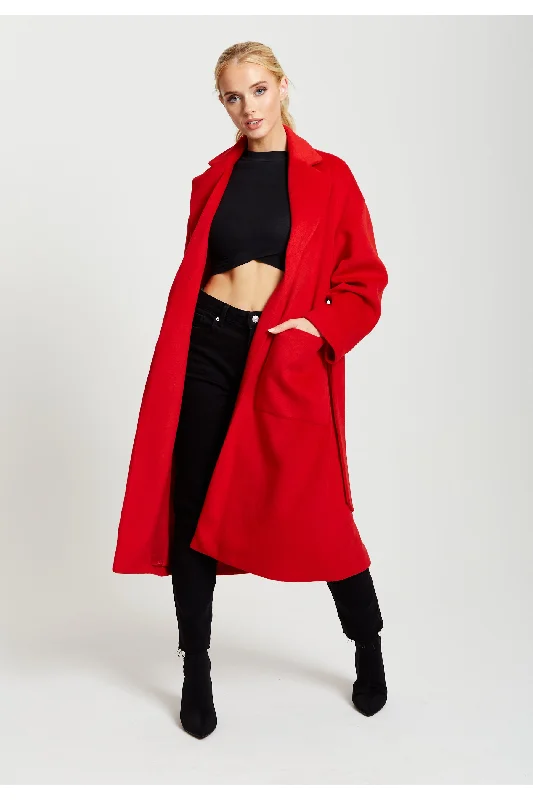 Deal of the Day Liquorish Belted Longline Coat In Red