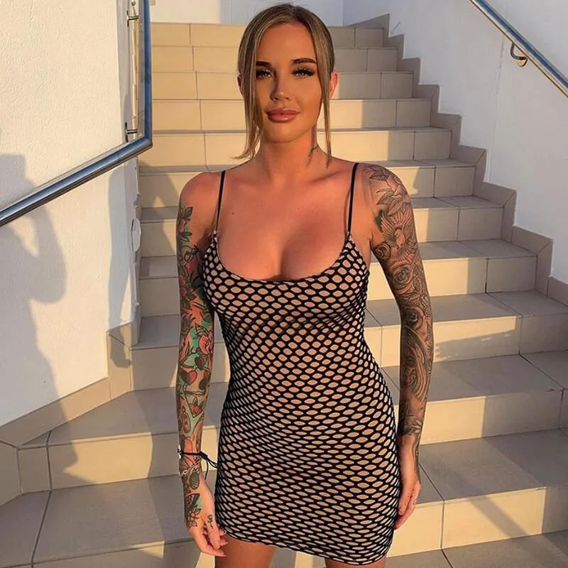 Weekend Flash Sale Spaghetti Strap Backless Cutout Bodycon Mesh Dress