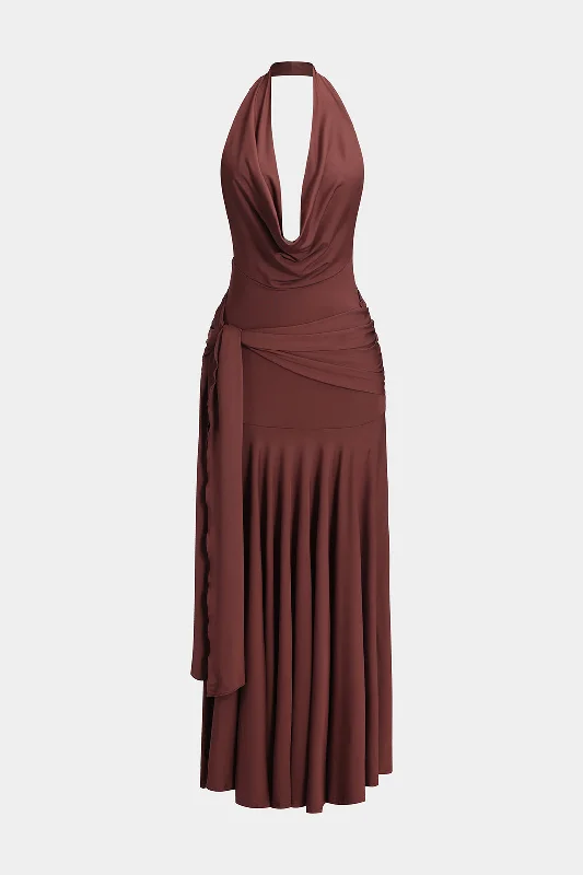 Special Savings Ruched Strappy Halter Neck Backless Cowl Neck Maxi Dress