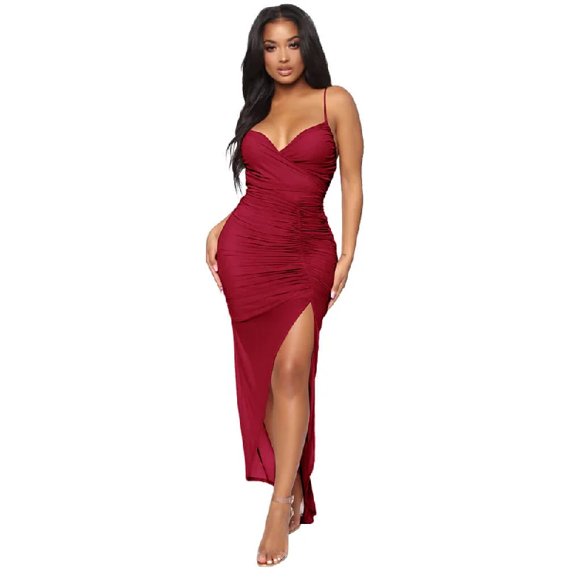 New Deals Simple Slits Ruched Sling Dress