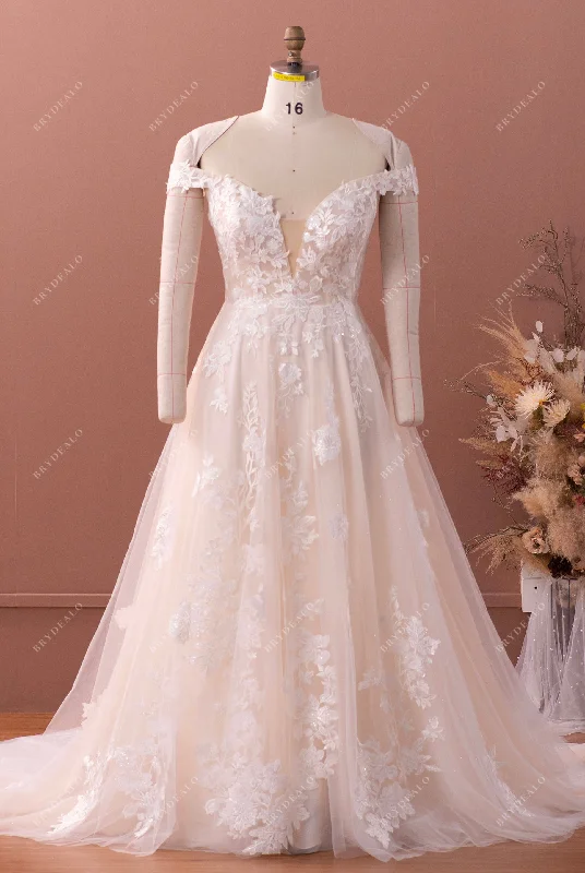 Price Slash Shimmery Off Shoulder Plunging Lace Wedding Dress