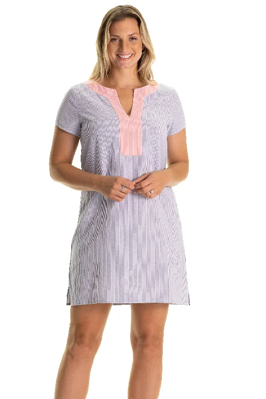 Members Only The Shortie Kai Caftan in Neon Coral & Blue Seersucker