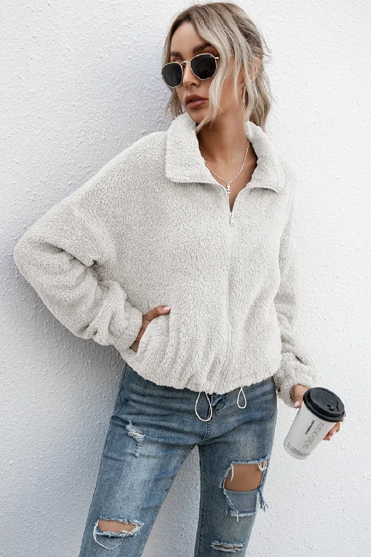 Major Savings Drawstring Hem Zip Up Teddy Jacket
