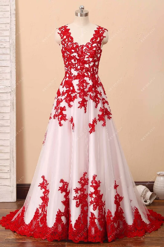 Anniversary Sale Fancy Red Lace Ivory Satin V-neck Wedding Dress