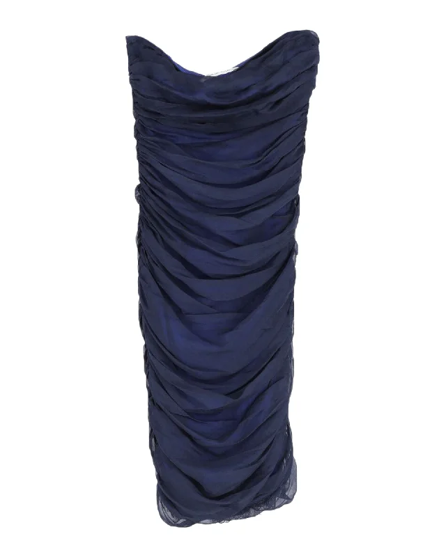 Sale Event Diane Von Furstenberg Lelette Strapless Ruched Midi Dress in Navy Blue Silk