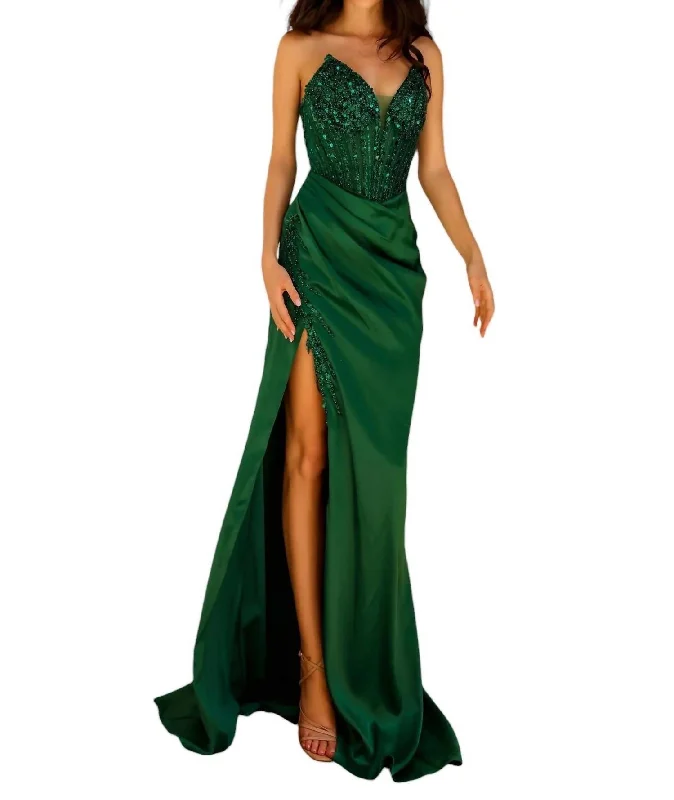 Today Only Beaded Satin Fitted Strapless Slit Gown In Emerald