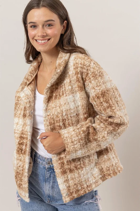 Shop and Save HYFVE Plaid Collared Neck Boucle Jacket with Pockets