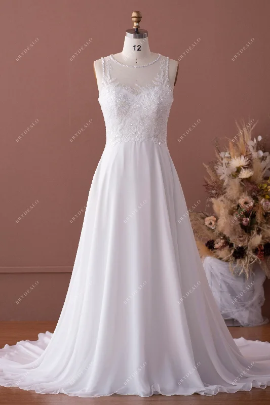Best Bargains Beaded Illusion Neck Lace Chiffon Wedding Dress