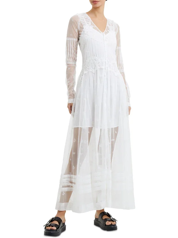Don't Wait Womens Tea Length Embroidered Midi Dress