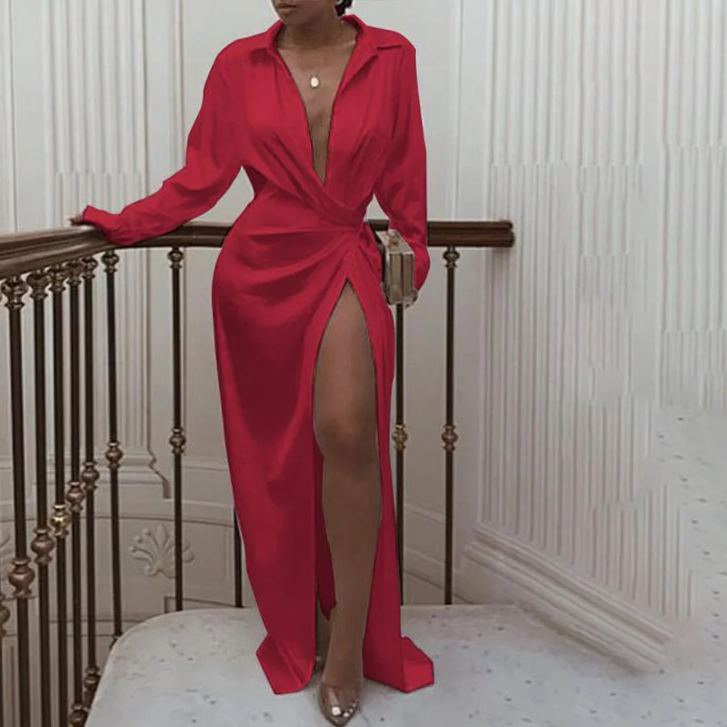 Today Only Slit V Neck Plain Long Sleeve Maxi Dress