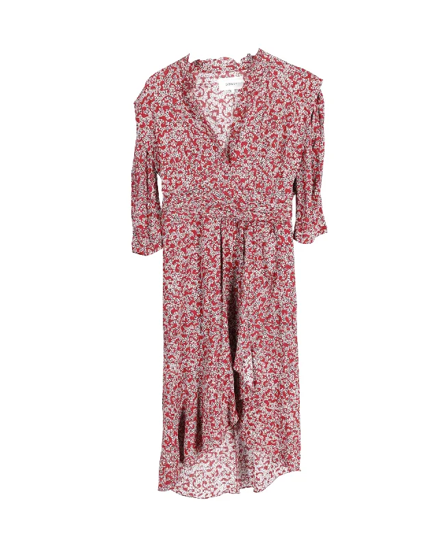 Exclusive Savings Ba&sh V-Neck Ruffled Asymmetric Hem Midi Dress in Red Viscose