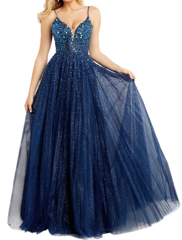 Closeout Spaghetti Straps Embellished Ballgown In Navy