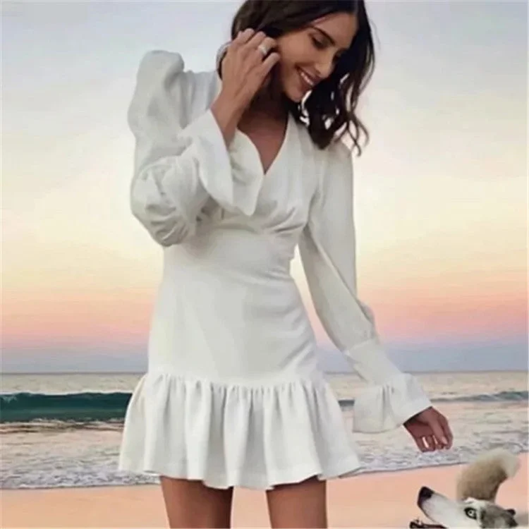 YEAR-End Sale White Bodycon Long Sleeve Ruffle Zipper Dress