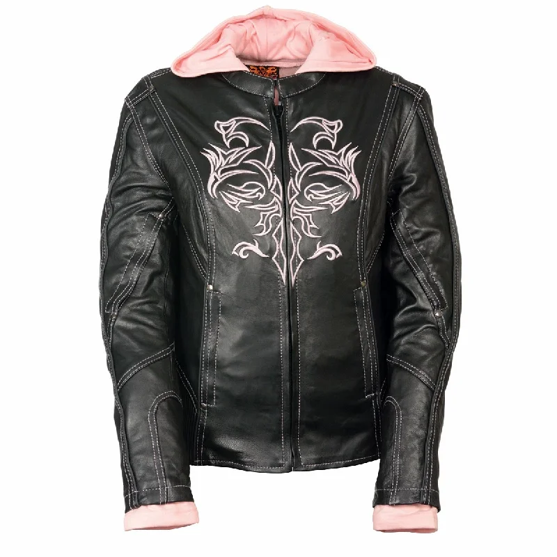 Friends and Family Sale Milwaukee Leather ML2066 Women's 3/4 Black and Pink Leather Hoodie Jacket with Reflective Tribal Design Friends and Family Sale Milwaukee Leather ML2066 Women's 3/4 Black and Pink Leather Hoodie Jacket with Reflective Tribal Design