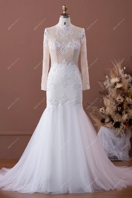 Flash Deals Luxury Illusion High Neck Beaded Lace Wedding Dress