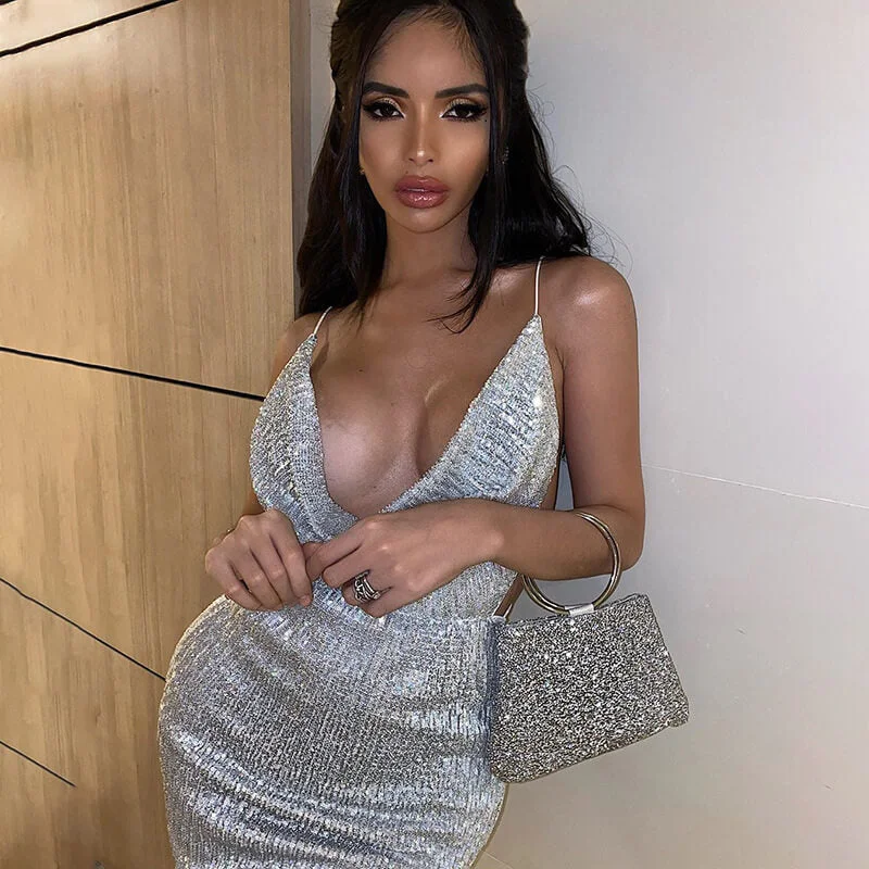 Discount Days Silver Bodycon Sequin Spaghetti Strap Backless Mini Dress