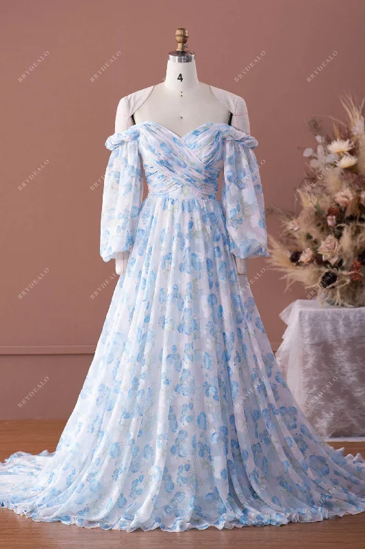 Great Deals Balloon Sleeve Pleated Flowing Floral Chiffon A-line Wedding Dress