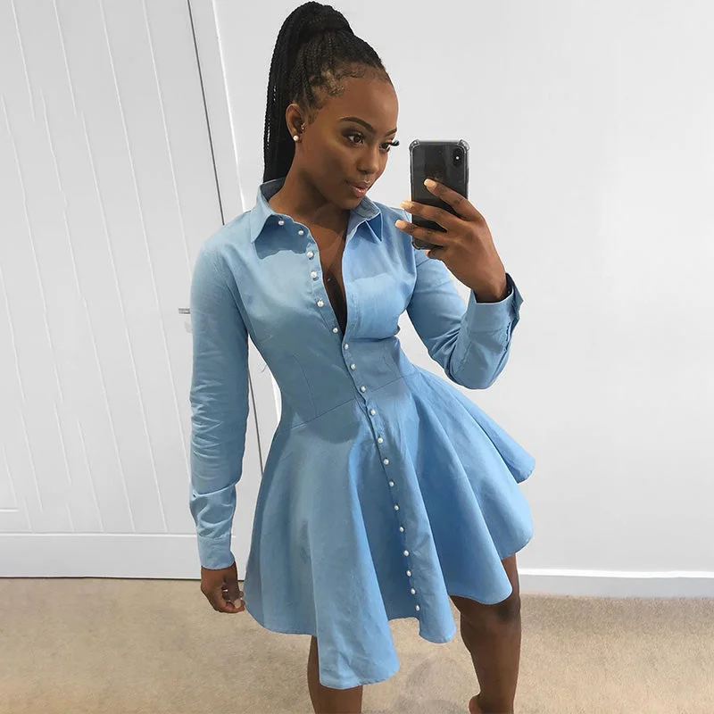 Super Savings Blue Long Sleeve Button High Waist Shirt Dress