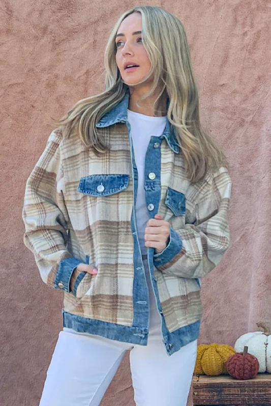 Price Break And The Why Women's Washed Denim Detail Brushed Plaid Jacket