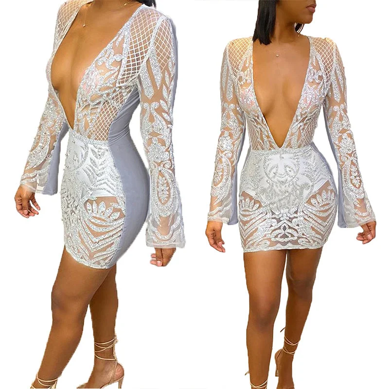 Deep Discounts Silver Long Sleeve See Through Sequin Mini Dress