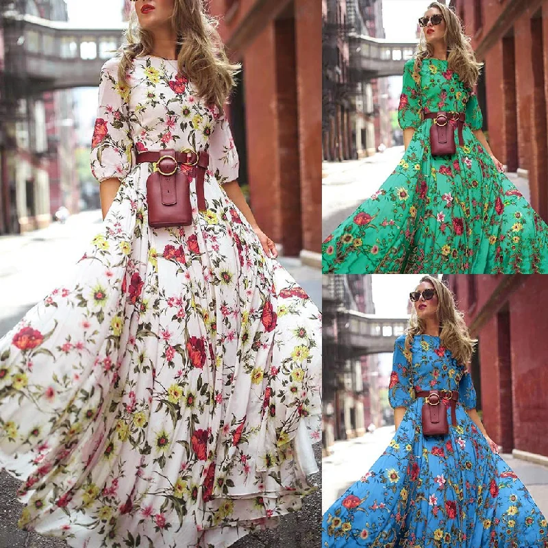Online Exclusive Short Sleeve Floral High Waist Boho Dress