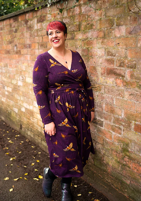 Great Deals Laine Purple Pheasant Print Cotton Midi Dress