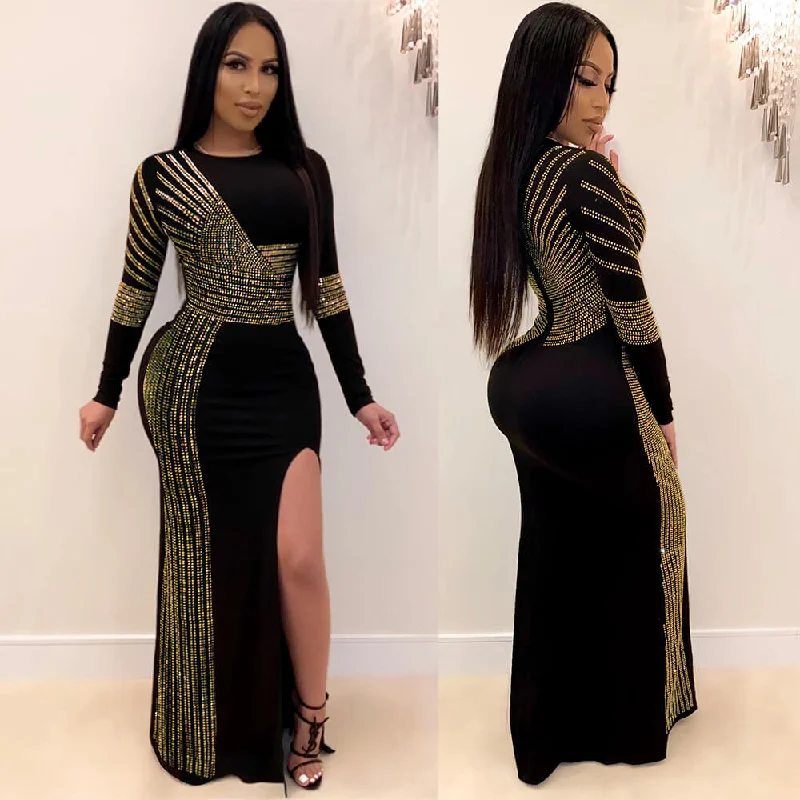 Don't Wait Party Black Split Rhinestone Maxi Dress