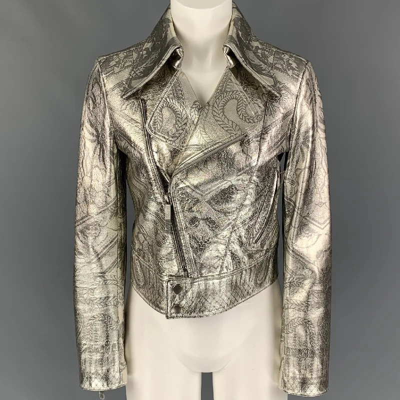 Final Markdown ROBERTO CAVALLI Size 4 Silver Print Leather Metallic Cropped Biker Jacket