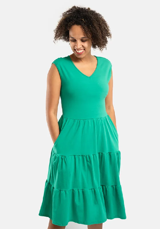 Super Deal Kaya Tropical Green Tiered Cotton Dress