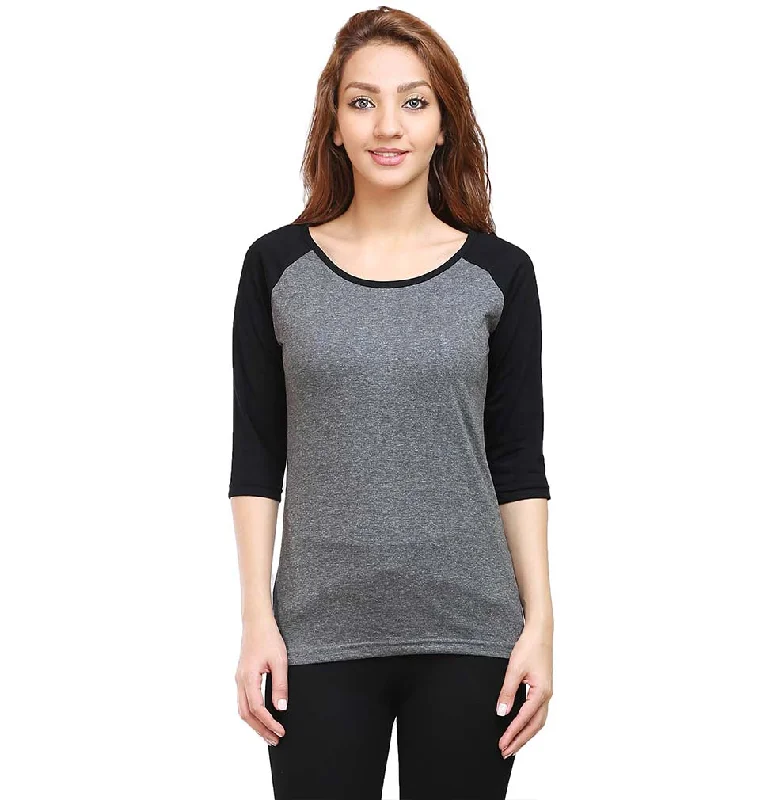 Online Exclusive Plain Black-Charcoal Raglan Full Sleeves T-Shirt For Women