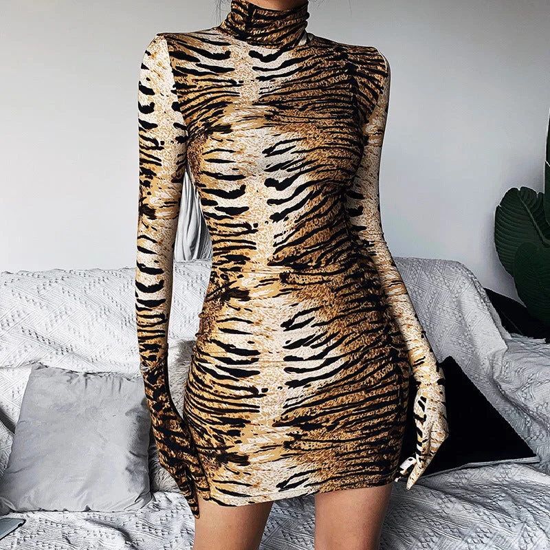 Loyalty Reward Tiger Skin With Gloves Bodycon Turtleneck Dress
