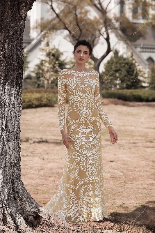 Extra Savings Boho Sleeved Lace Wedding Dress with Slip