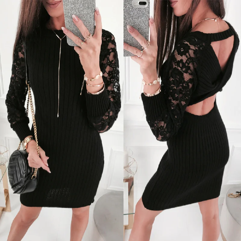 Super Bargain Black Lace Patchwork Backless Bodycon Dress