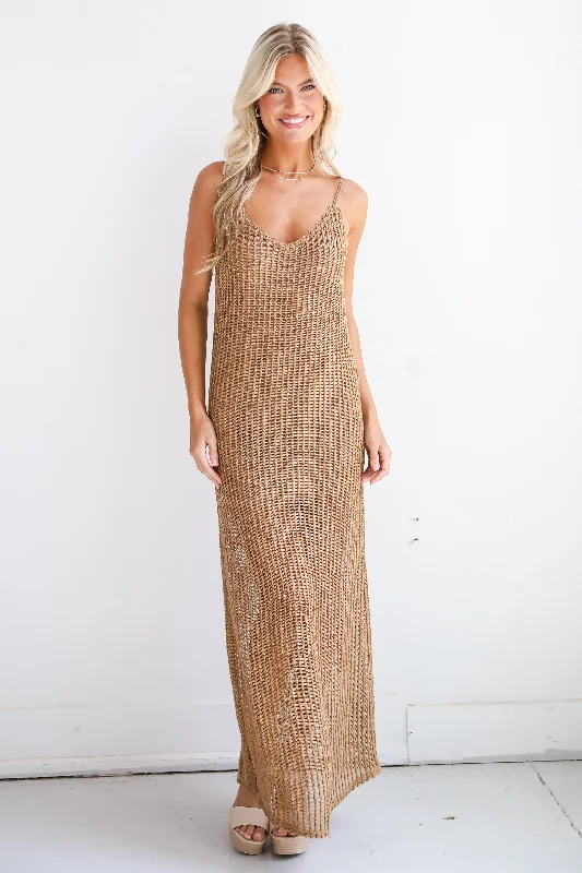 Quick Sale FINAL SALE - Compelling Style Taupe Crochet Knit Maxi Dress