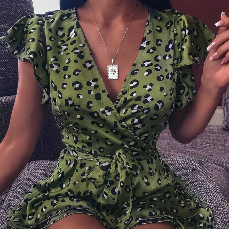 Limited Time Discount Green Leopard Print Flapper Loose Wrap Dress
