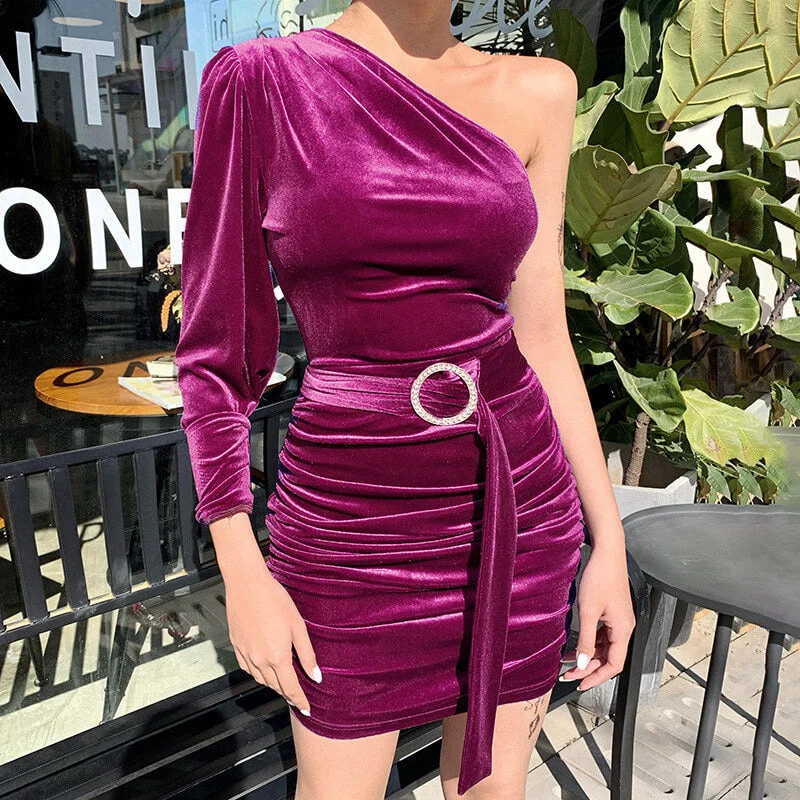 Early Access One Shoulder Bodycon Velvet Ruched Belt Dress