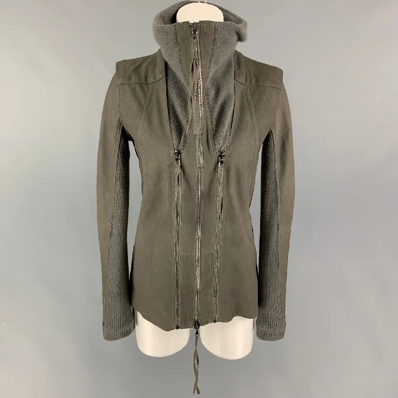 Special Buy ILARIA NISTRI Size 4 Taupe Merino Wool Angora Mixed Fabrics Lamb Leather Coat