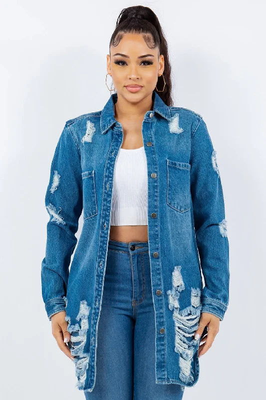 Shop and Save American Bazi Distressed Button Up Long Sleeve Denim Jacket In Blue