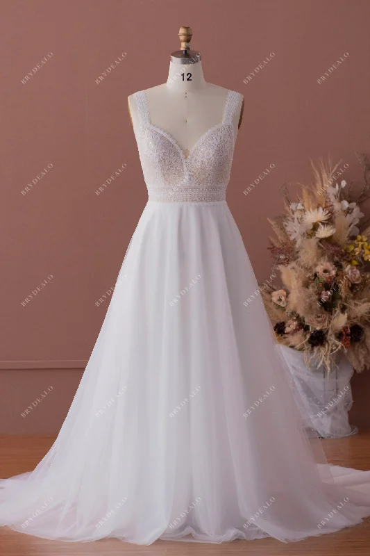 Can't Miss Shimmery Wide Straps Plunging Lace Tulle A-line Wedding Dress