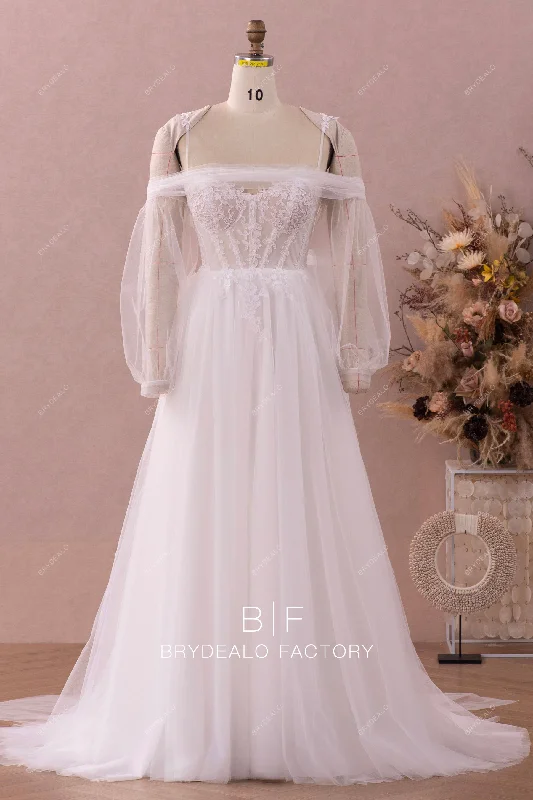 Inventory Reduction Illusion Corset Lace Tulle Wedding Dress with Detachable Sleeves