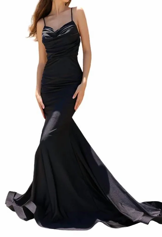 Anniversary Sale Cowl-Neck Long Formal Prom Dress With Train In Black