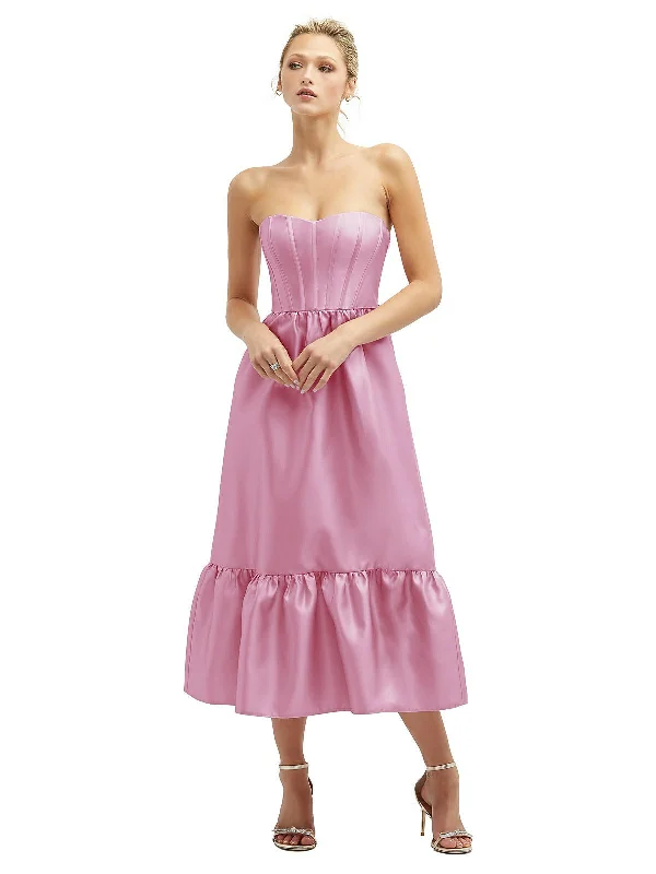 Price Break Strapless Satin Midi Corset Dress with Lace-Up Back & Ruffle Hem
