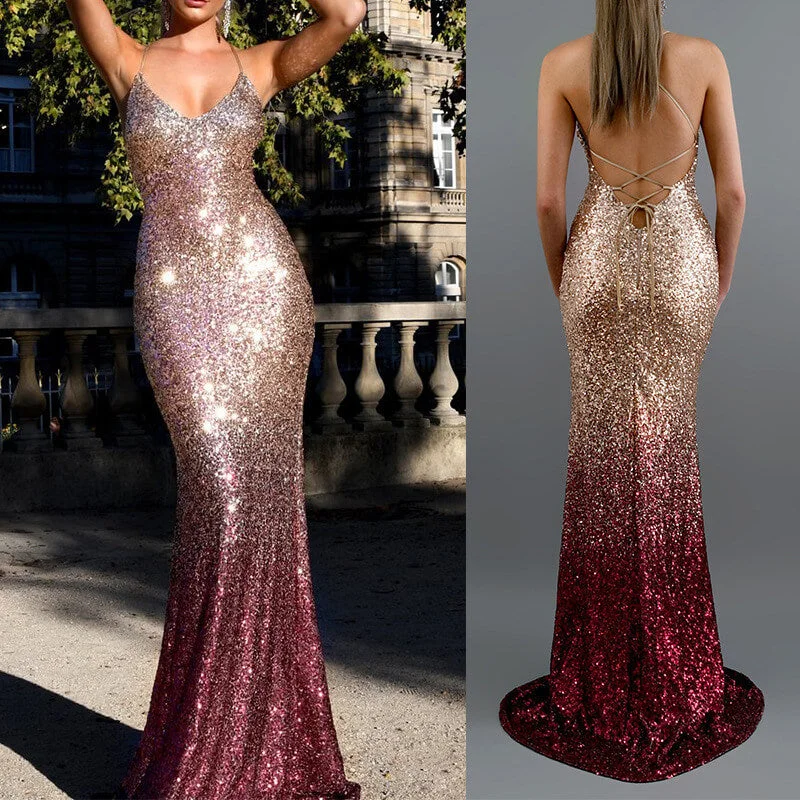 Huge Discounts Sequin Fade color Backless Dress