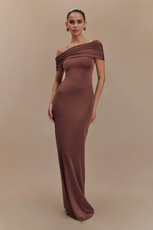 Don't Miss Cassandra Off Shoulder Slinky Maxi Dress - Chocolate