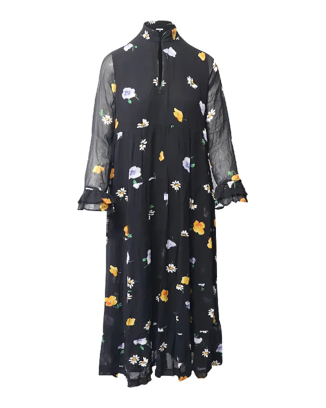 Blowout Sale Ganni The Kate Tiered Midi Dress in Black Print Viscose