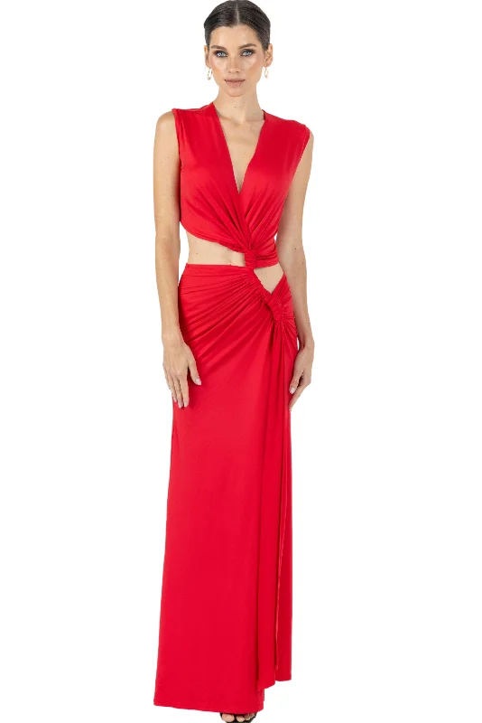 Price Cut Hazel V Neck Thigh Slit Maxi Dress In Red
