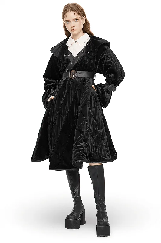 Seasonal Clearance Velvet Gothic Hooded Long Coat With Detachable Leather Belt