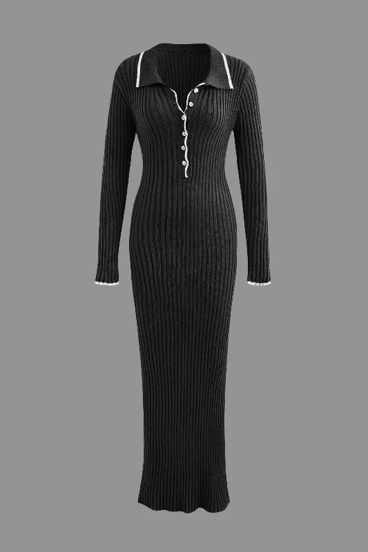 Midnight Madness Collar Button Long Sleeve Knit Maxi Dress