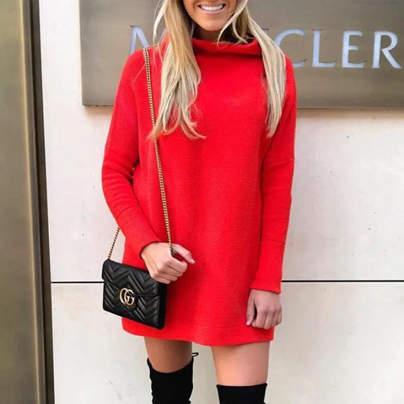 TIME-Limited Offer Loose Plain O Neck Long Sleeve Mini Dress