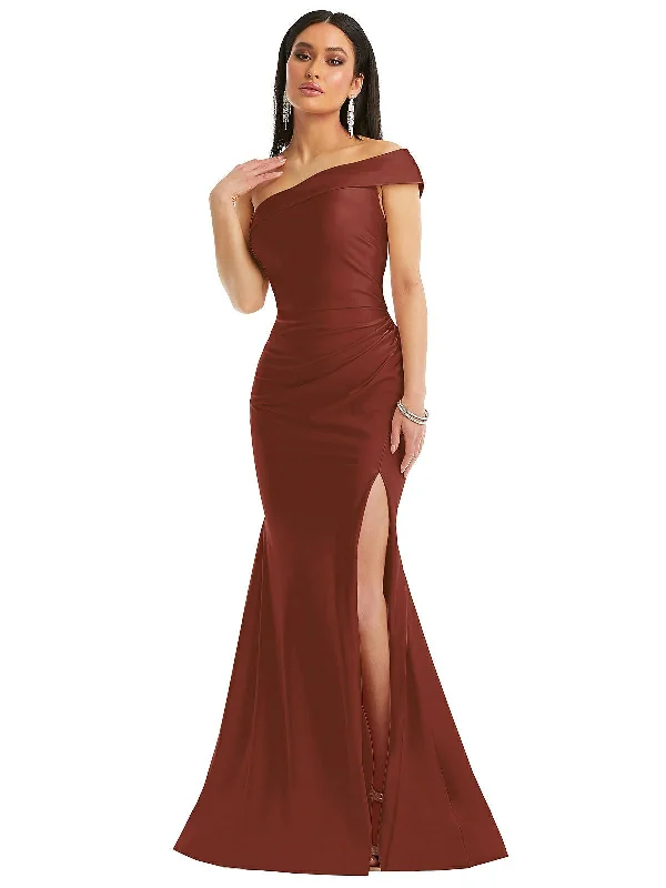 Buy More, Save More One-Shoulder Bias-Cuff Stretch Satin Mermaid Dress with Slight Train